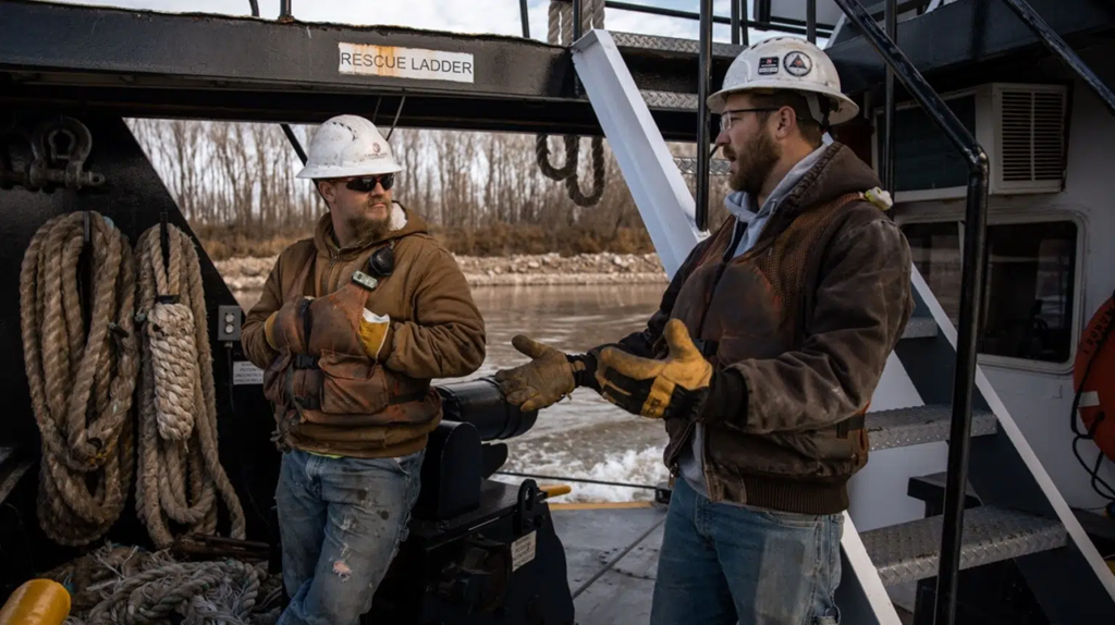 two employees discussing work